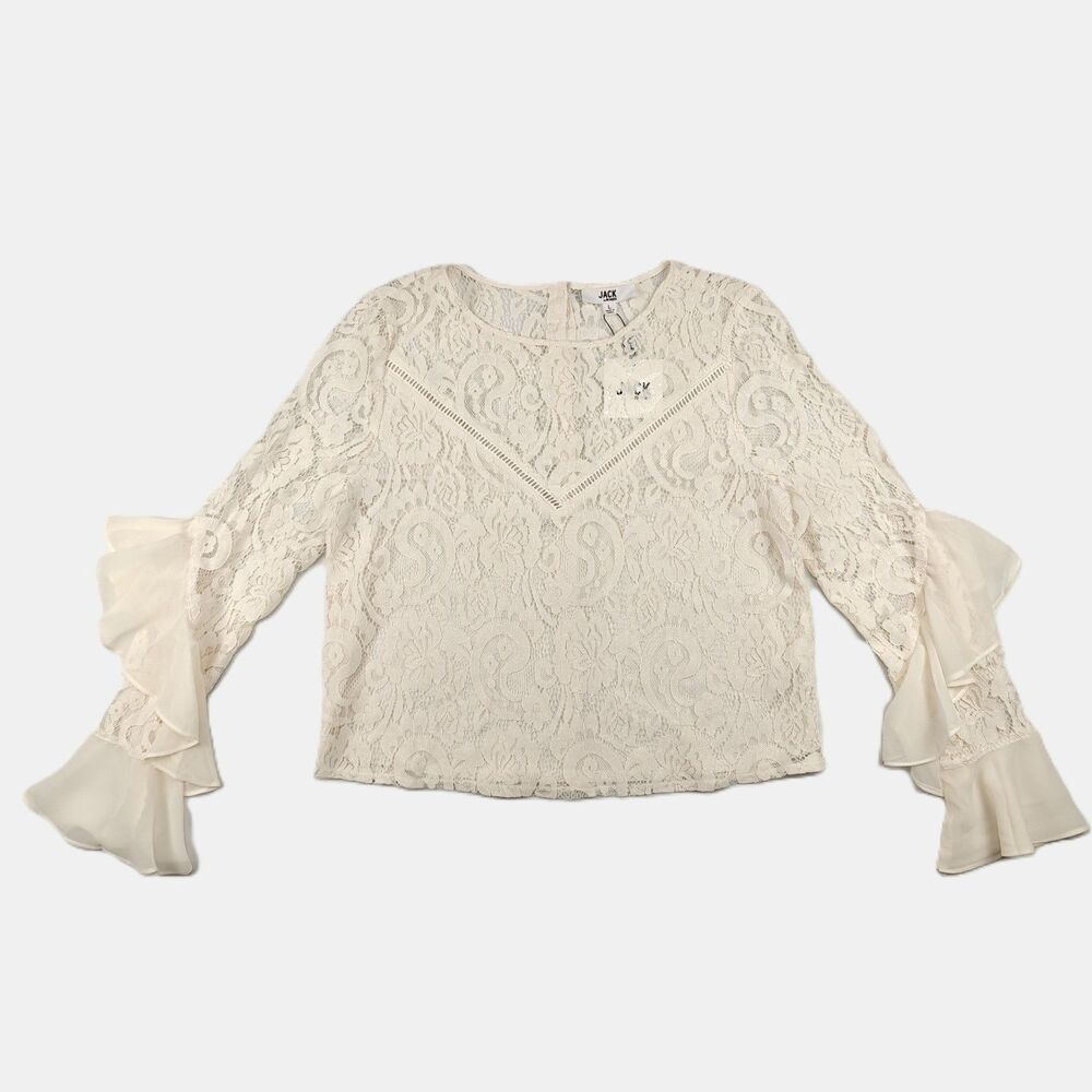 Jack by BB Dakota Ivory Lace Ruffles Button Back Top Size L Boho Fairy Cottage